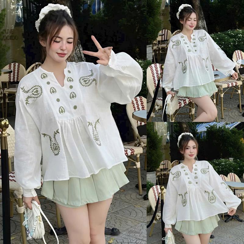  Sét Áo Tiểu Thư Baby Doll Thêu Tay Dài Phối Chân Váy Xếp Ly Có Quần Trong Quyến Rũ Nữ Tính Dịu Dàng Thanh Lịch Sang Trọng Dễ Thương  - Free Size - Women Top Màu ĐEN- ĐỎ 