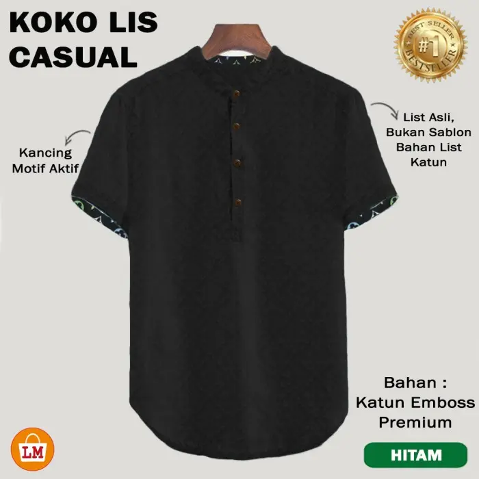 Baju Koko Pria LIS CASUAL Katun Emboss Lengan Pendek M-3XL / 16134 - Hitam, M Kancing Muslim