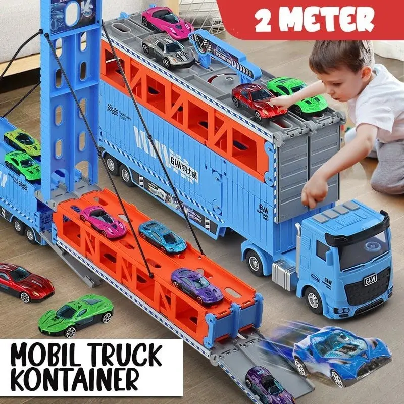 [capt] Mainan Anak Kendaraan Mainan Mobil Truk Container Deformasi Rel Balap Mobil - Container Car Catapult