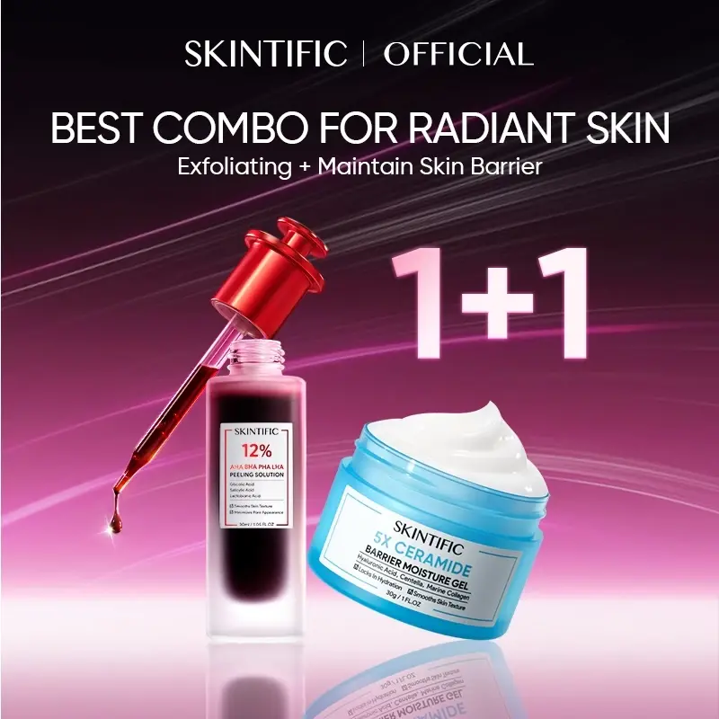 SKINTIFIC AHA BHA PHA LHA Peeling Solution Serum 30ml + 5X Ceramide Barrier Moisturizer Gel