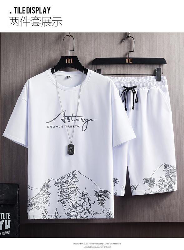 Product Introduction of Short-Sleeved T-shirt Suit Men's Summer New Snow Mountain Printing Fashion Trendy Slim Fit Large Size Sports Two-Piece Suit 6