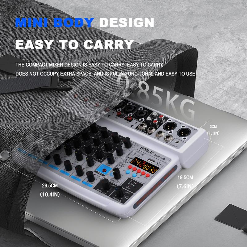 Product Introduction of BOMGE-mini 8 Channel Audio Mixer, Line Mixer, DC 5V, with MP3 Player, Bluetooth, 48V U Disk, 24DSP Effect, USB Recording Suitable for small club or bar, studio recording 14