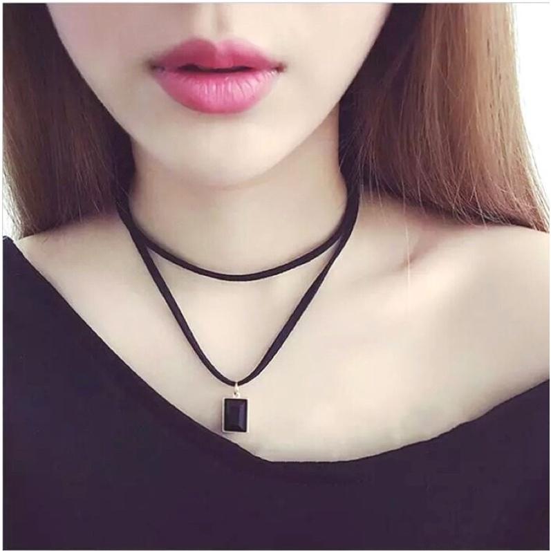 Kalung Cantik & Manis Choker A16 Black Leather Gem Pendant Necklace 3