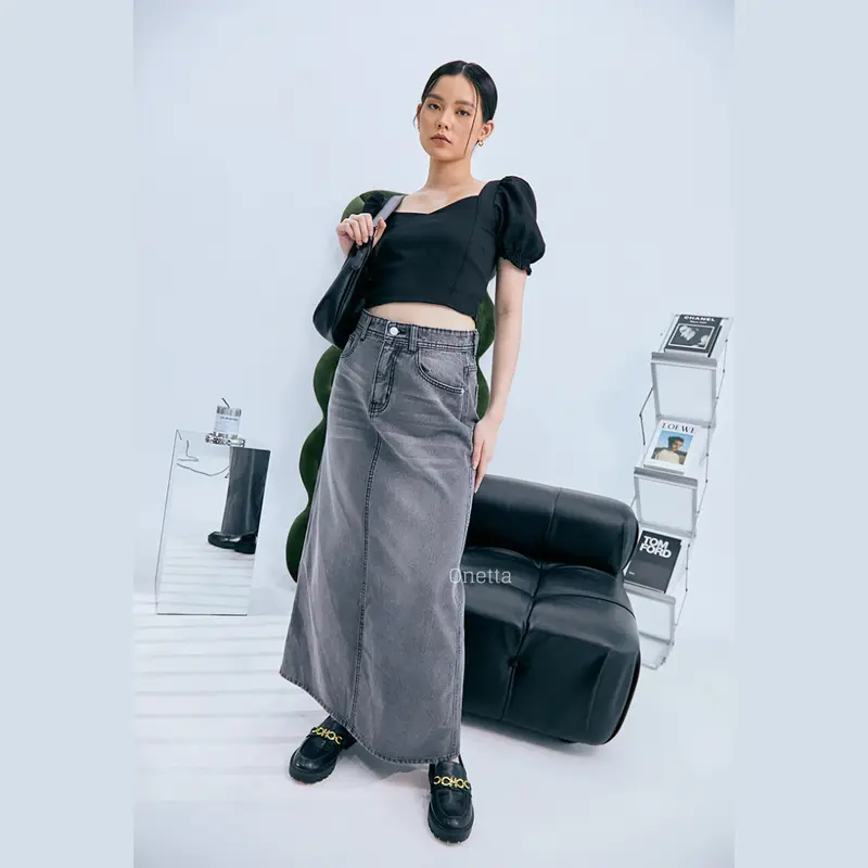 Onetta - OLIVIA (Light Grey) - Rok Jeans Panjang Berhijab Maxi Skirt High Waist Tebal 0