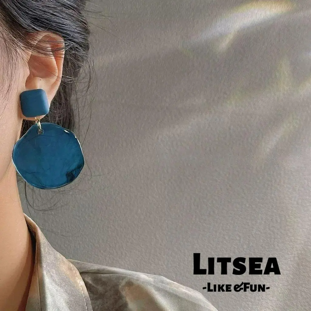 [Litsea] Anting Akrilik Warna Biru Laut Bentuk Bulat, Jarum Perak S925 Aksesoris Telinga Wanita Q1662