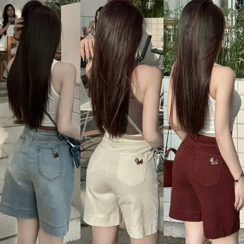 (S-2Xl)HHCHOU-Quần Ngố Thêu Cún Full màu chất jeans mềm H18