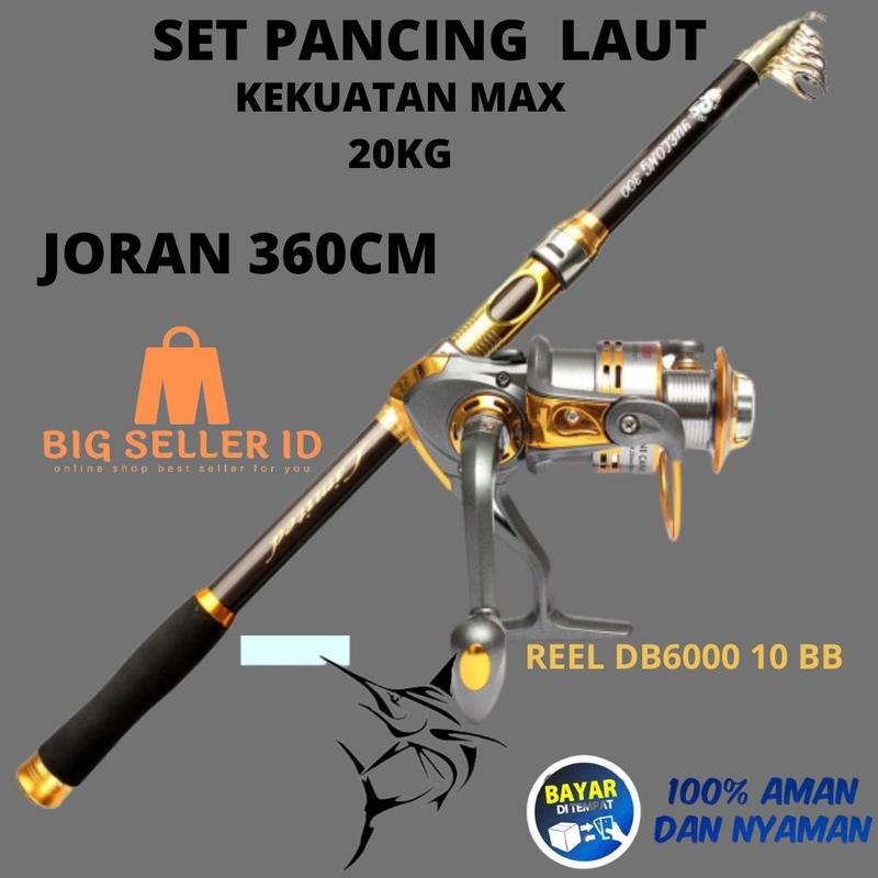 Set Joran Pancing Laut Kekuatan Max 20kg Reel Spinning 10 Ball Bearing DB6000 Joran Laut panjang 300cm Paket Mancing Mania Alat Ikan 0