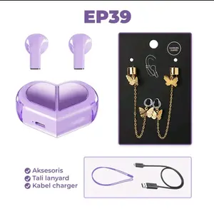 New Design Two Ways Model Earphone Headset Bluetooth Ep39 Loves Heart Pink Touch Control Hi-Fi Sound Headphone