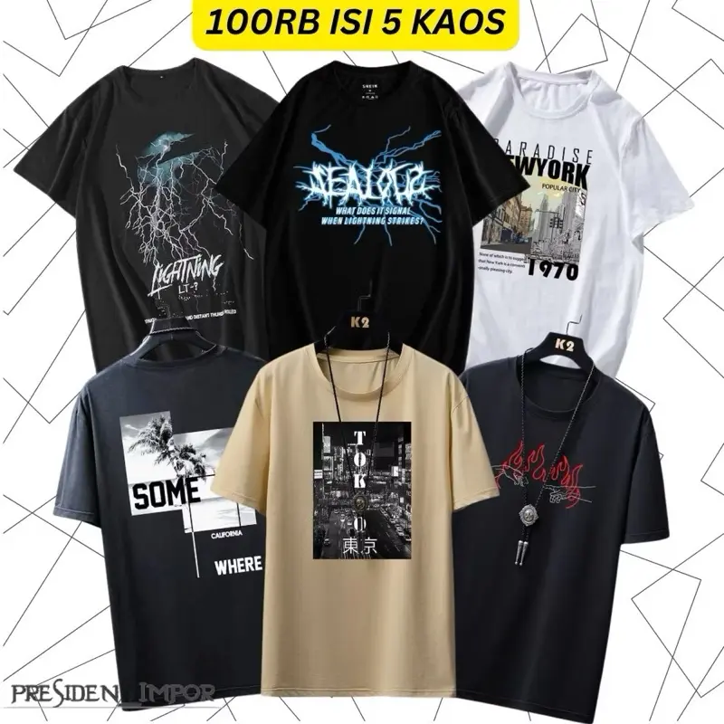 Kaos Distro 100 Dapat 5pcs - Pria - Baju Atasan - Oblong, Sablon, Keren Semi Katun