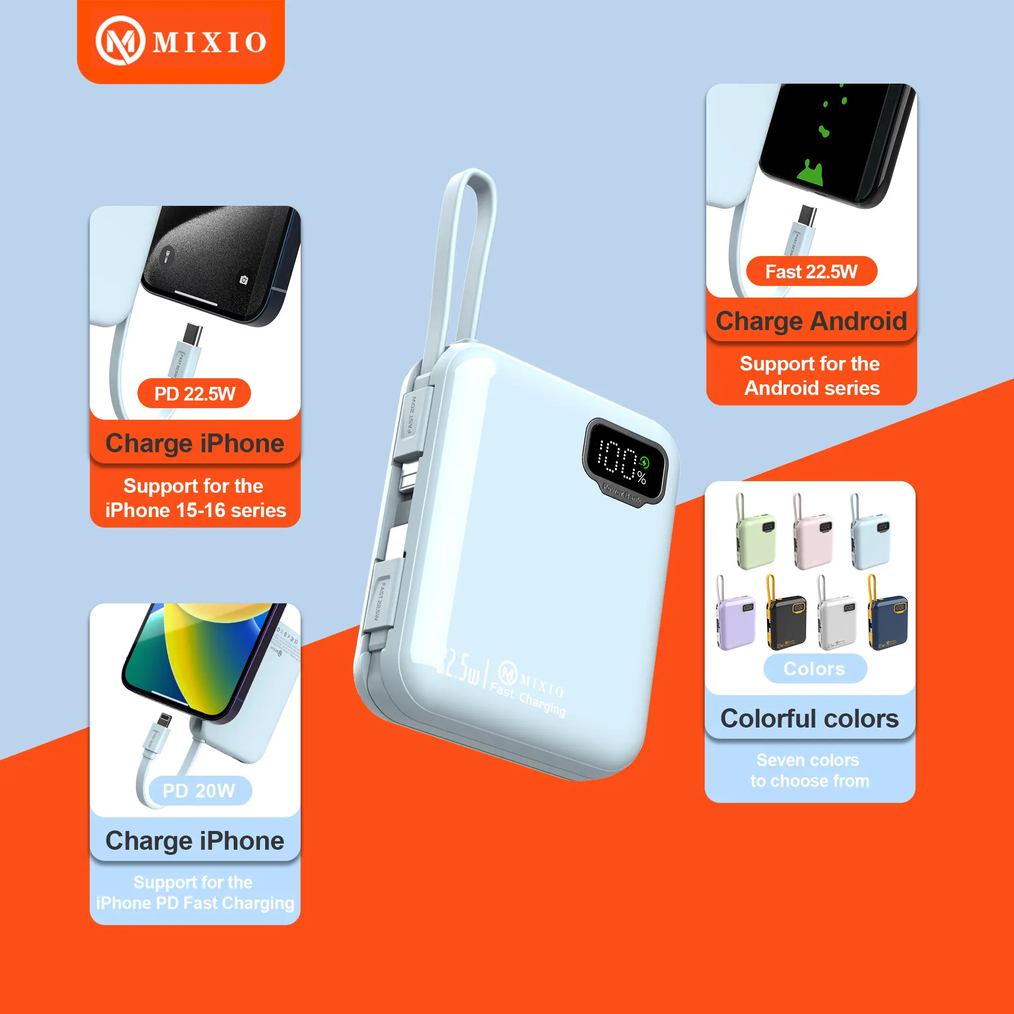 MIXIO MP-09 10000mAh Powerbank Mini 20W With Kabel Fast Charging Lightning & Type C For Iphone/Android