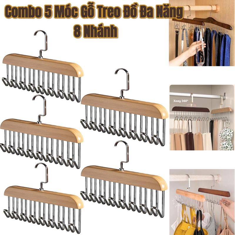 Combo 5 Móc Gỗ Treo Đồ Đa Năng 8 Nhánh – Treo Đồ Lót, Áo Lót Trong, Áo 2 Dây, Cà Vạt, Thắt Lưng, Túi Xách – Xoay 360 Độ, Tiết Kiệm Không Gian móc  phơi  quần  áo