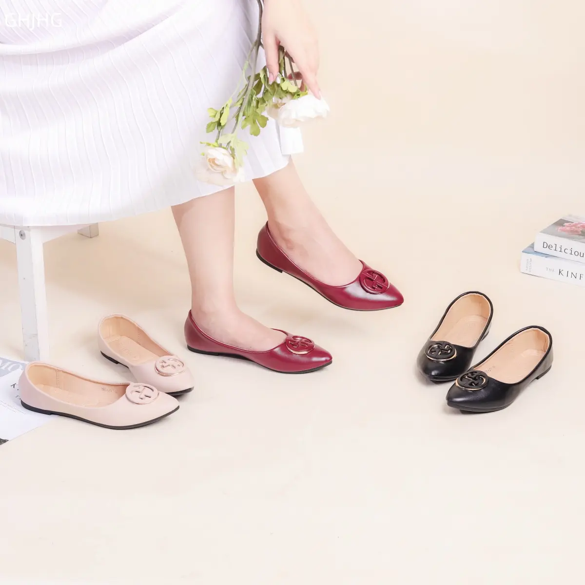 JIEHUA Audrey Sepatu rata kerja,  lebar,  wanita dengan selesai licin Flat Shoes DHL 21 Hitam