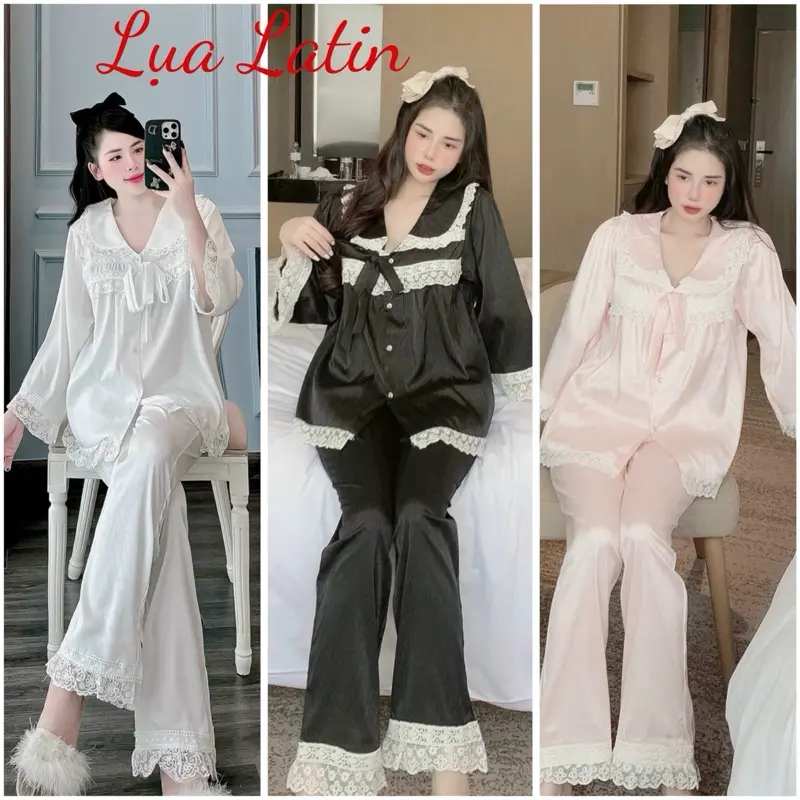 Bộ Ngủ Nữ Vải Lụa Mịn Thiết Kế Cổ Bèo Tay Lỡ Tiểu thư Phối Ren, có 3 màu lựa chọn (đen-trắng kem-hồng), quần có túi, free size 40-63kg Women