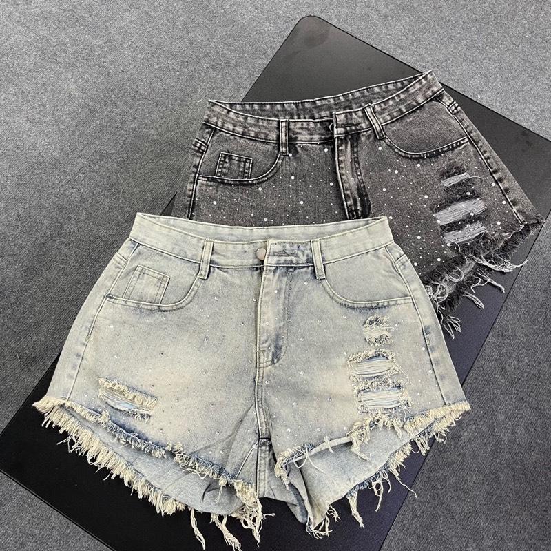 Bg23 Quần short Jean nữ bigsize . Ép đá , rách xước tua rua, lưng cao . 2 màu