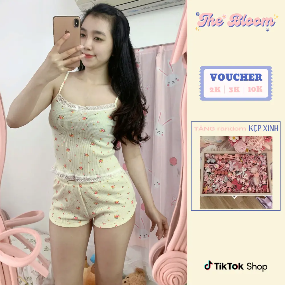 THE BLOOM Set Bộ Đồ Ngủ Nữ In Hoa Nhí Áo 2 Dây Viền Ren Đính Nơ Kèm Quần Mini Ngắn Ôm Body Chất Cotton Thông Hơi Xịn, Đồ Ngủ Nữ Mùa Hè Hoa Nhí Cotton Thoáng Mát - SE027 victoria secret  pajamas