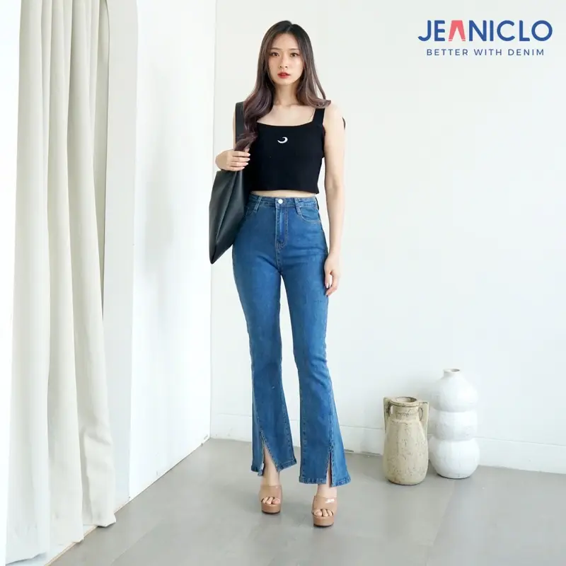 JEANICLO - CUTBRAY JEANS JN015 Cewek | Celana Panjang Cutbray Fit And Flare Mermaid Jeans Belah Tengah Wanita Highwaist Bahan Denim Stretch Premium 0