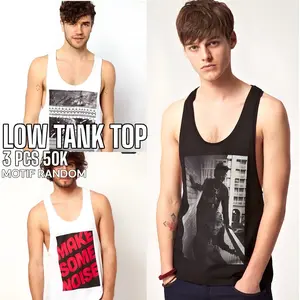 (FLASH SALE !!! 3 PCS 50K ONLY PROMO KAOS MOTIF RANDOM)  Singlet Lowcut Pria Gym Motif ALL Size / Kaos Olahraga fitness training