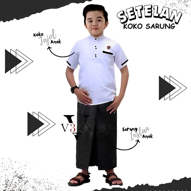 Setelan Koko Sarung Instan Anak Laki-Laki Usia 3-12 Tahun - set Baju Muslim Anak Pendek 5