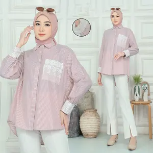 Janeeta Kemeja Garis Salur Wanita Muslim Lengan Panjang 815 - Bahan Katun Linen | Busui dan Wudhu Friendly, Kancing Depan Bahan Mewah Nyaman Lembut, Formal Kantor Kasual