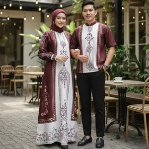 Baju Muslim Set Couple Sultan Pasangan Sarimbit Lebaran Terbaru 2026 Motif Printing Eksklusif Burgundy