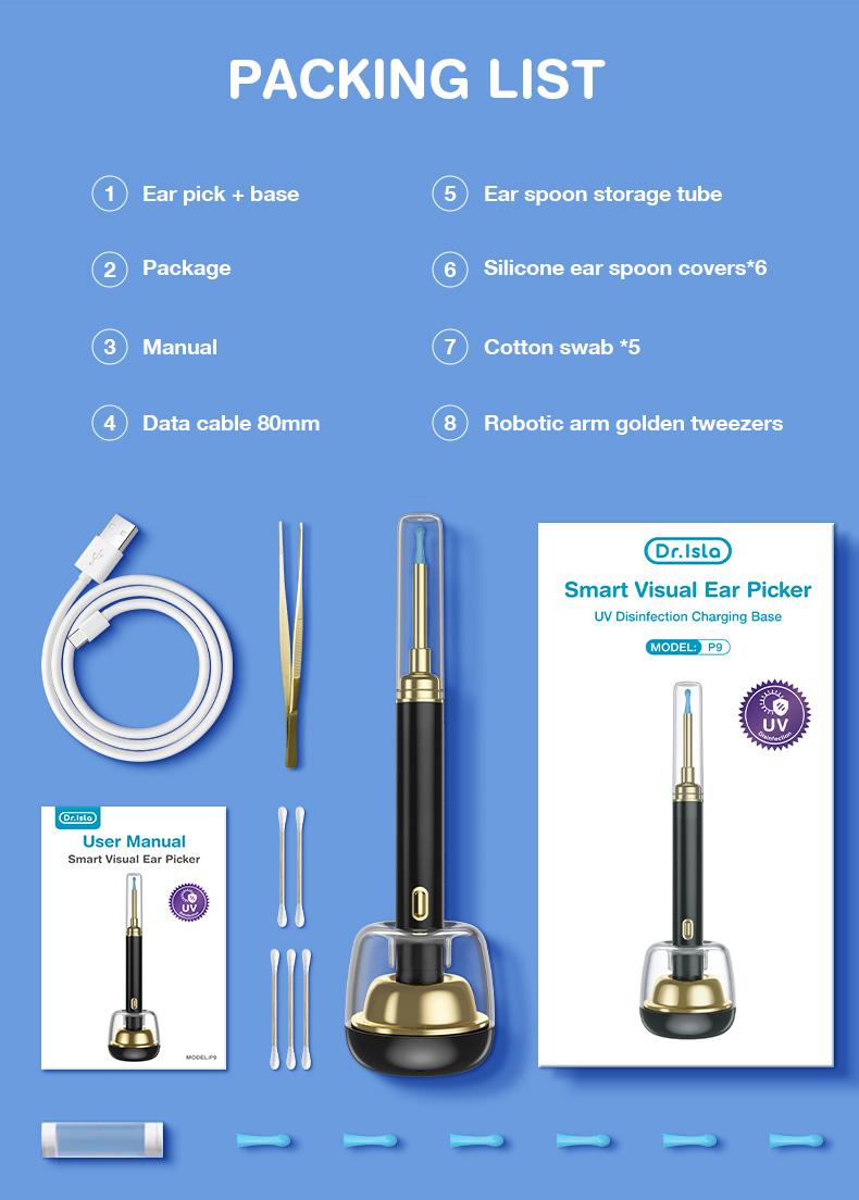 Dr.isla Pembersih Telinga Korek Kuping Kamera 1300W Piksel Dilengkapi dengan fungsi desinfeksi UV Basis pengisian daya smart Visual Ear Stick LED HD EndoscopeWIFI waterproof earpick bayi Endoscope P9 Removal Cleaning
