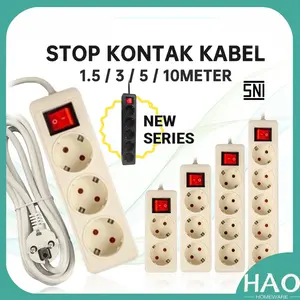 [HAO] STOP KONTAK + KABEL 2/3/4/5 LUBANG 1.5/3/5 METER SNI Stop Kontak Putih/ Hitam