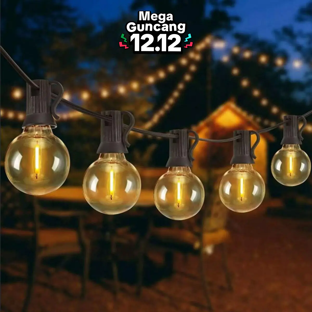 Lampu led filamen E12,10 lampu-panjang 3 meter,25 lampu-panjang 7 meter,Filament Edison Vintage 3200K Lampu Gantung Outdoor G40 Lampu gantung dekorasi lampu cafe wedding Tahan suhu tinggi tahan air luar ruangan