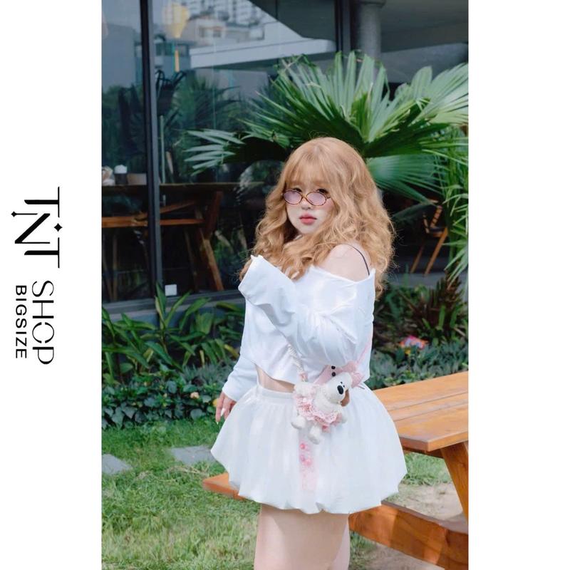 SET 2 MÓN BIGSIZE ÁO CROPTOP LỆCH VAI TAY DÀI MIX VÁY BÍ REN [TNT SHOP BIGSIZE 60KG 90KG]