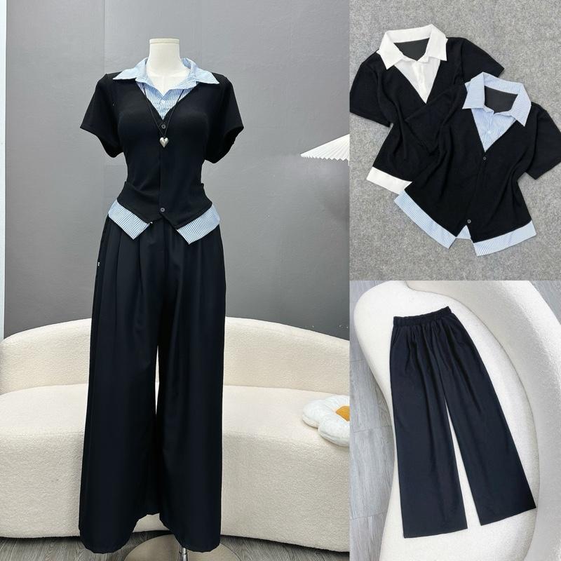 Set Bigsize Nữ CÓ LẺ ÁO QUẦN Set Bigsize Bao Gồm Áo Kiểu Sơ Mi Cổ Đức Thiết Kế Phối Ghi-le Vải Tăm QC Mát Mix Quần Suôn Phong Cách Thanh Lịch 55-95Kg - SM185 Q558