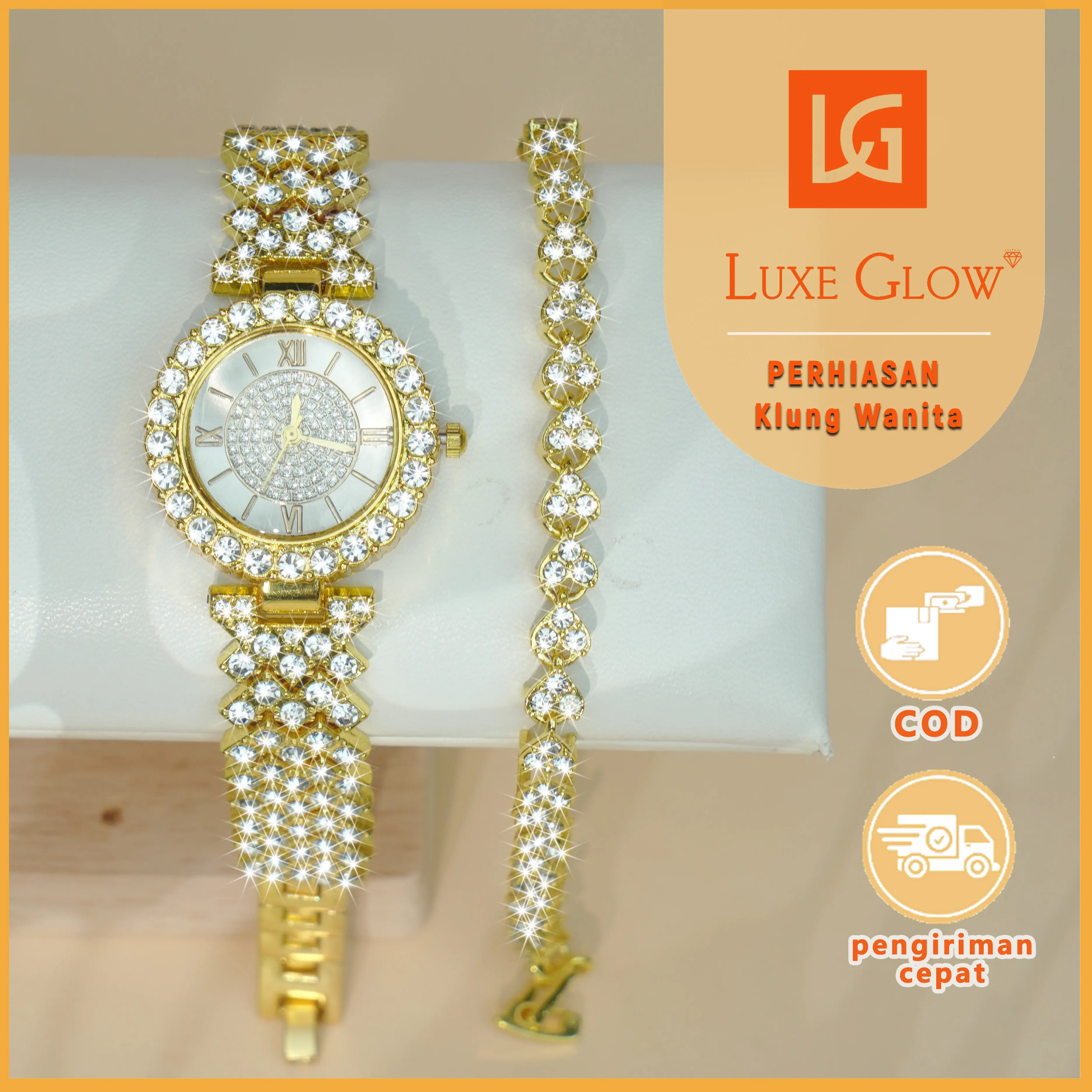 LuxeGlow COD 【Beli 1 Gratis 1】 Jam Tangan Wanita Korea Bertatahkan Berlian Emas Mengkilap, Gelang Bertatahkan Berlian Cinta
