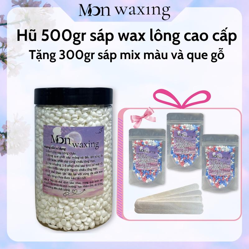 [Tặng 300gr] Hũ 500gr sáp wax lông cao cấp tặng túi 300gr sáp mix nhiều màu và một bộ que phết gỗ wax tay, chân, nách, râu, bi (che tên sản phẩm)