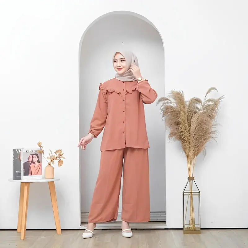 setelan wanita one set outfit remaja terbaru oversize Sena baju wanita jumbo xl xxl one set kekinian simple  Crinkle Muslim Airflow Celana Panjang Kulot Remaja setelan wanita jumbo Atasan Casual Dewasa Tunik Katun Bawahan Nyaman Santai Harian 5