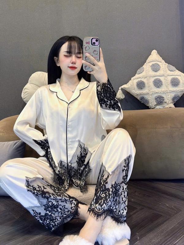 MĐB _Bộ đồ ngủ nữ tay dài kiểu pyjama phối ren chất lụa latin freesize 40-60kg