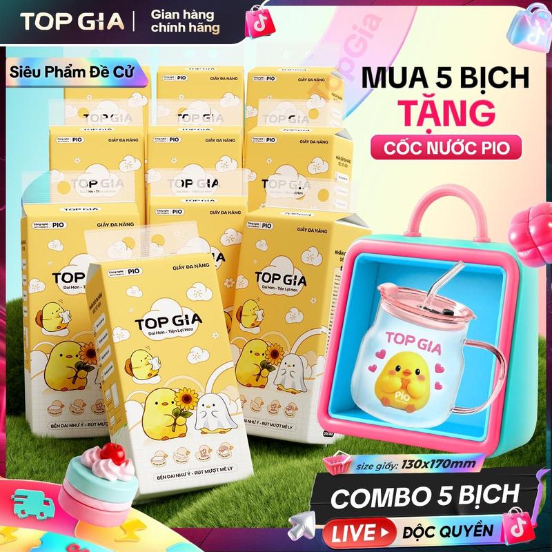 [TẶNG CỐC THUỶ TINH PIO] THÙNG 5 BỊCH Khăn Giấy Pio TOPGIA, tặng cốc 600ml, 200 Lần Rút Siêu Dai 130x170mm khăn giấy cao cấp TOP GIA, giấy dai hơn  bền chắc hơn mềm mịn hơn, khăn giấy vệ sinh ĐẠT QUY CHUẨN CỦA BỘ CÔNG THƯƠNG VTG03