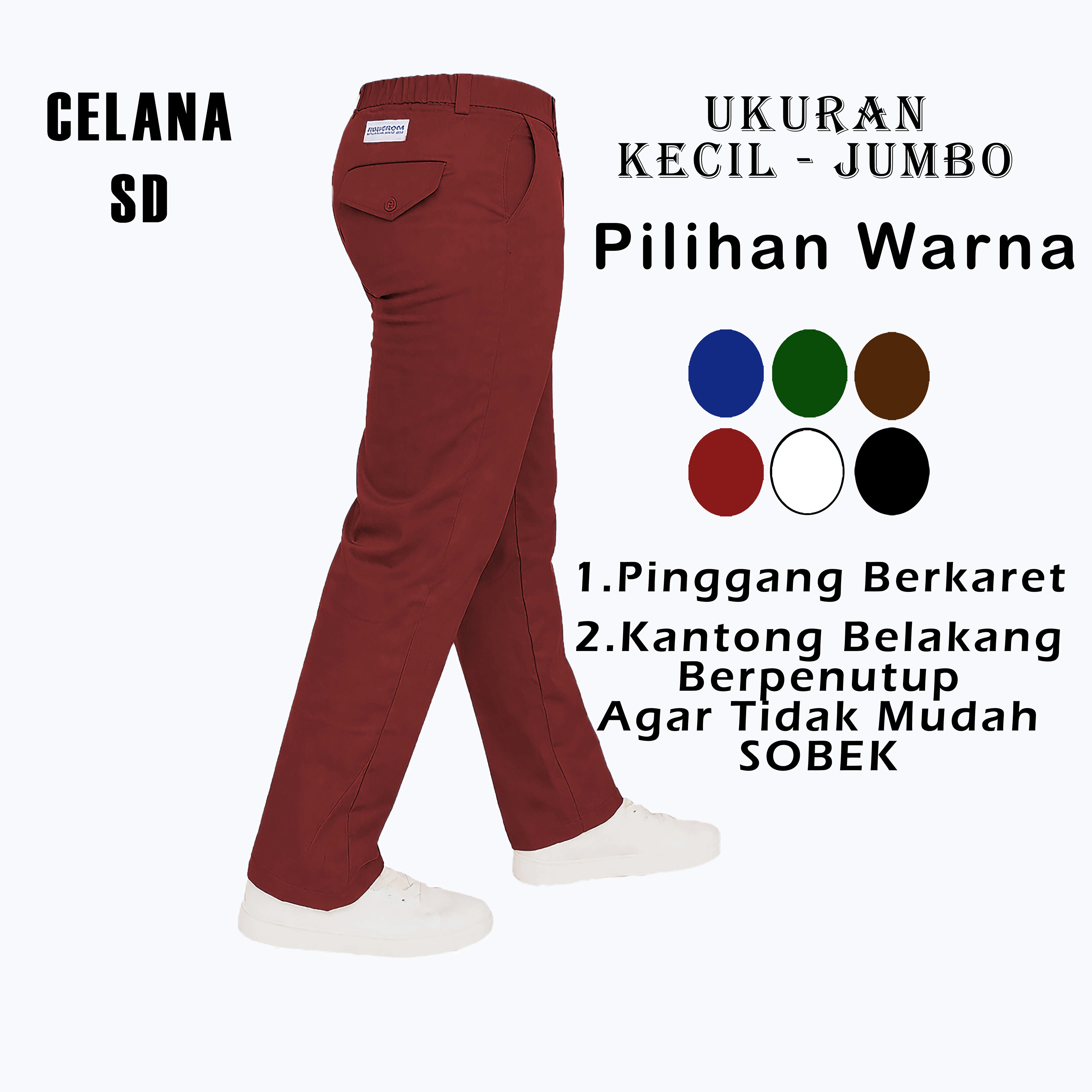 Celana Seragam Sekolah Anak SD Laki-Laki Panjang Merah Cokelat Hijau Hitam Putih Bahan Grandmaster Casual Pinggang Berkaret