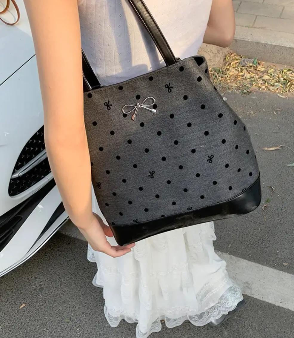 Polka dot print bow shoulder bag fashion trend large capacity casual bag underarm tote bag para sa mga kababaihan Polka dot print bow shoulder bag fashion trend large capacity casual bag underarm tote bag para sa mga kababaihan