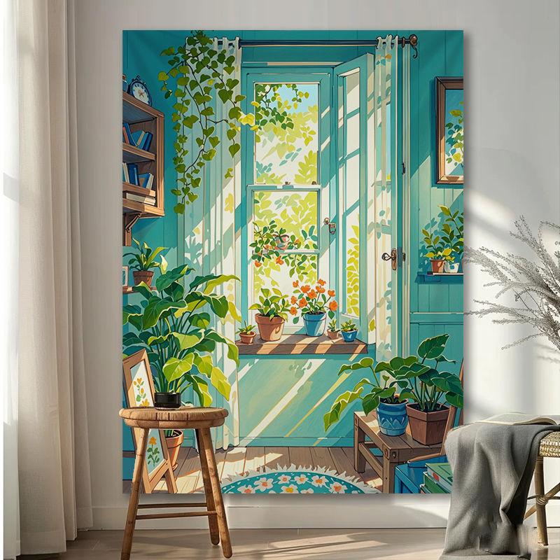 Vải nền hoa phong cảnh cửa sổ, phong cách Instagram, màu ấm, vải treo, thích hợp cho phòng, phòng ngủ, ký túc xá, phòng Khách, vải treo tường trang trí Studio 8