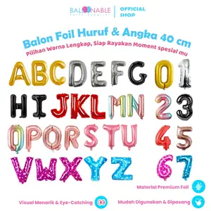 Balon Foil Huruf Angka Gold Hitam Rosegold Pink Merah Silver Biru 40cm Satuan