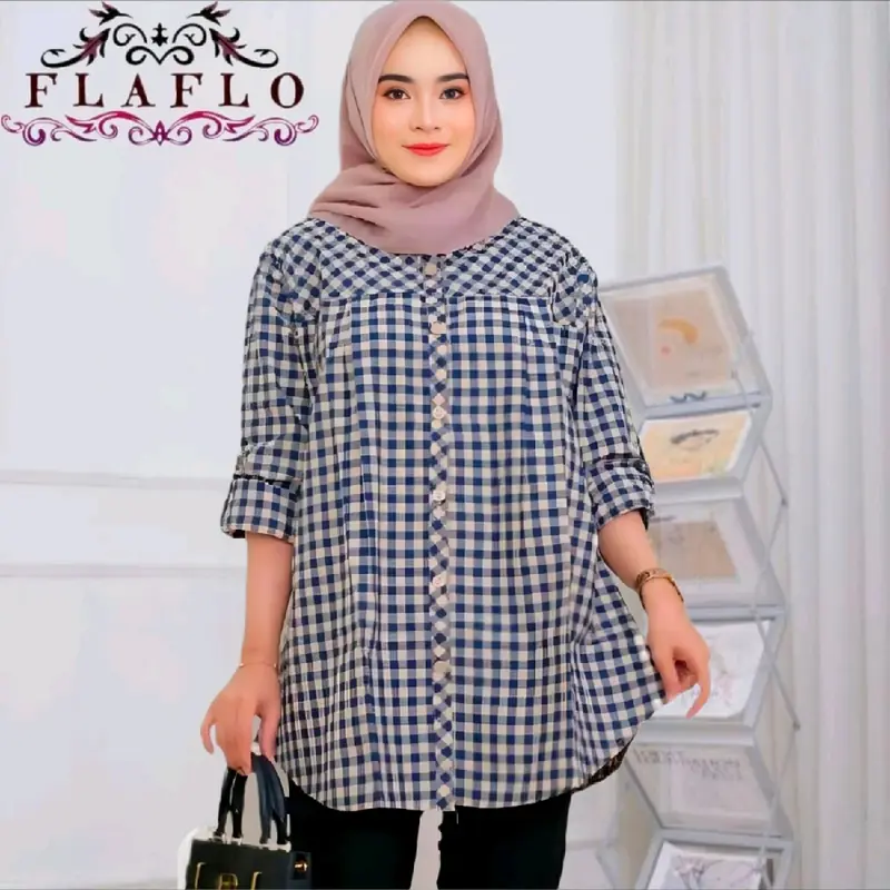 FLAFLO Blouse jumbo LD 120 kemeja kerja kotak kotak kekinian muat 85 kg Baju Atasan Panjang Katun Wanita Muslim lengan panjang 3