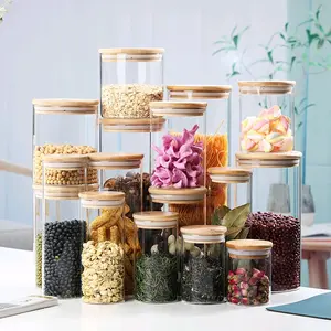 Toples Kaca Bumbu Dapur Biji Kopi Makanan Sereal Kedap Udara Tutup Kayu Desain Aesthetic