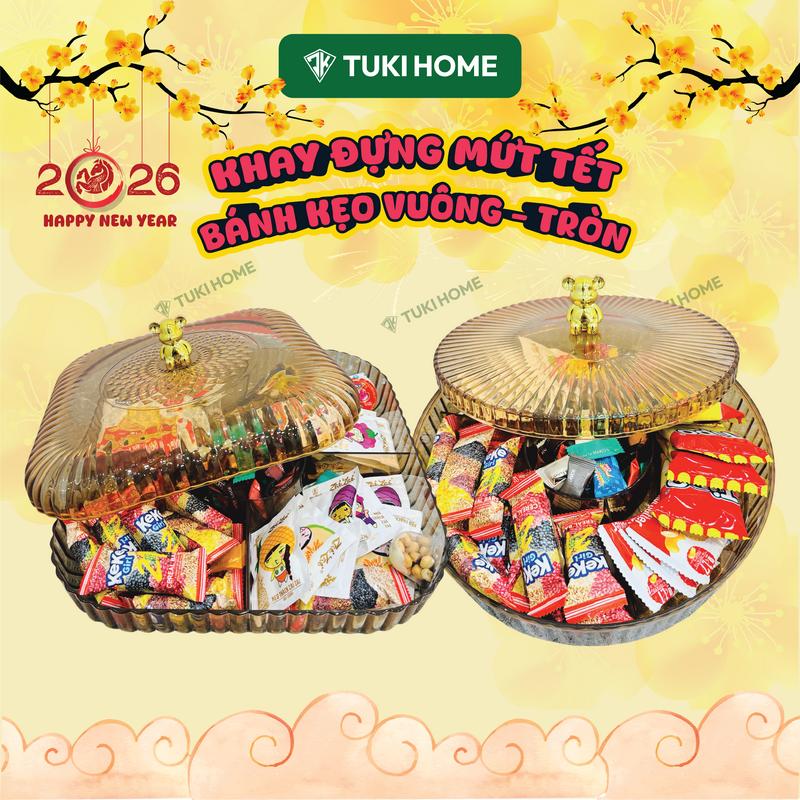  Khay đựnġ mứt Tết 2026 Khay đựng bánh kẹo hình tròn - vuông nhiều ngăn nhựa có nắp Khay để các loại hạt để phòng khách sang trọng 