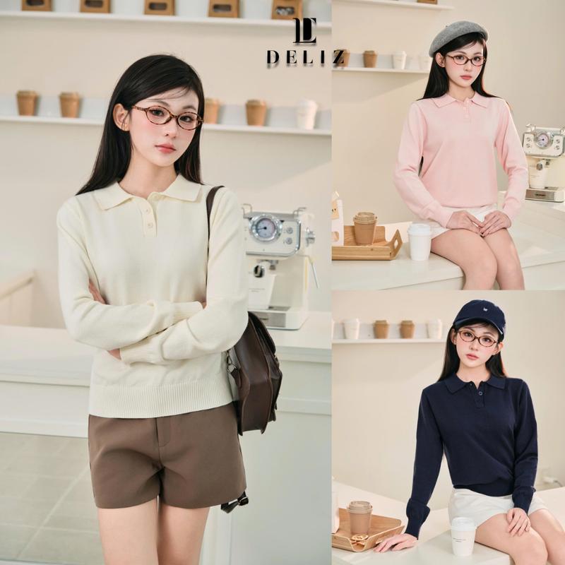 MỞ BÁN DELIZ - Áo len dài tay cổ polo phối cúc dáng trơn basic nhiều màu cho nữ BST thu đông AL73