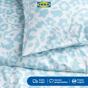 IKEA CYMBALBLOMMA Sarung Duvet 200x200cm dan 2 Sarung Bantal 50x80cm Putih/Biru Kain