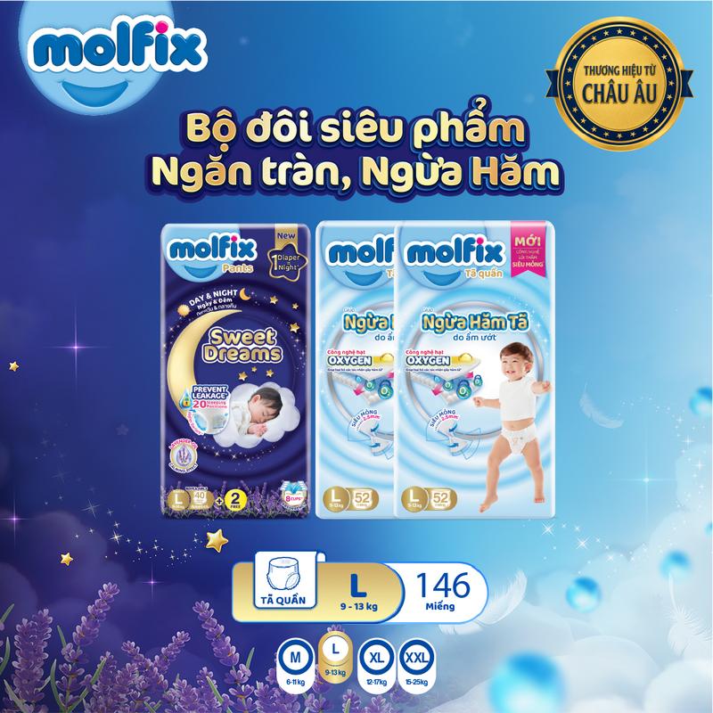[CB3_Tặng sâu bông ôm] Combo 3 gói ngăn tràn ngừa hăm_ 2 gói Tã/bỉm quần Molfix Oxy Super Jumbo ngừa hăm + 1 gói Tã quần Molfix Sweet Dreams CHỐNG TRÀN HIỆU QUẢ đủ các size