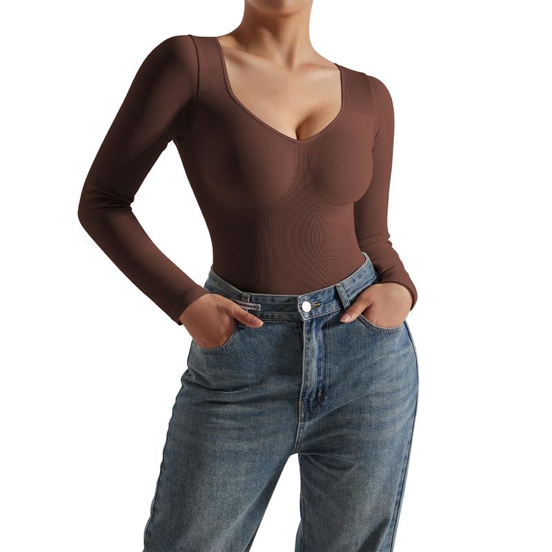 Mooslover Women's V Neck Long Sleeve Bodysuit Sexy Ribbed One Piece Bodysuit 1