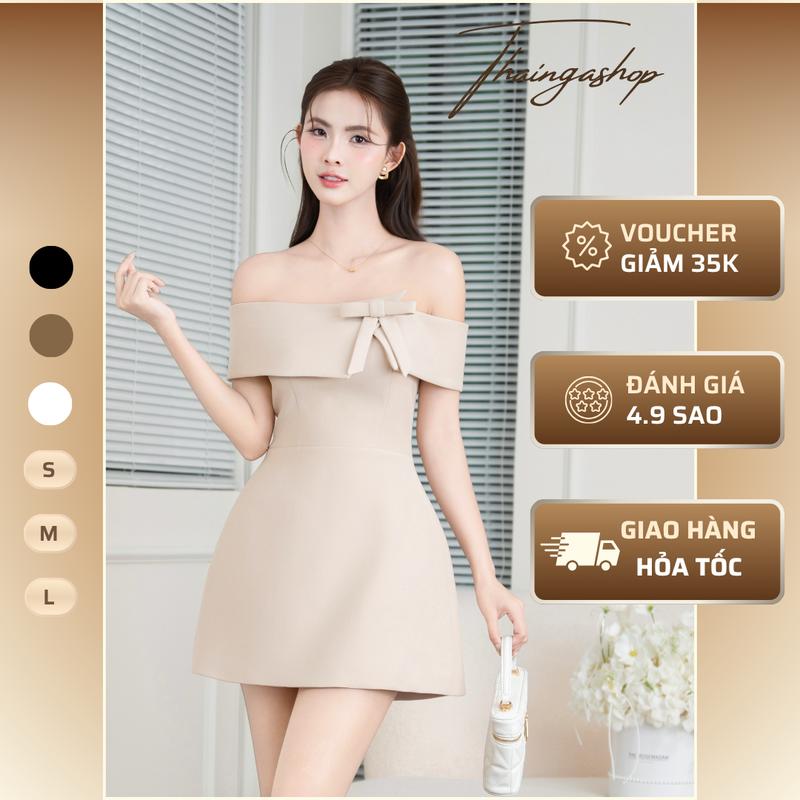 Đầm Dự Tiệc Trễ Vai Siết Eo Đính Nơ Dáng Ngắn Sang Trọng – Màu Nude Trắng Đen – Size S M L