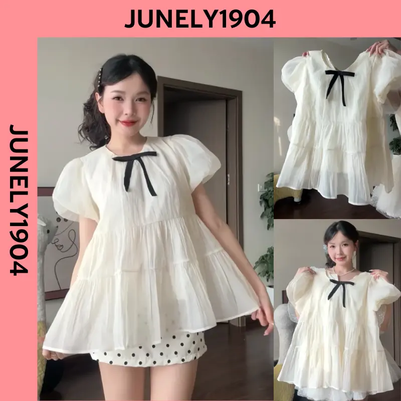 (ÁO KÈM NƠ/ 2 Lớp) Áo nữ kiểu babydoll xoè tay bồng tiểu thư công chúa