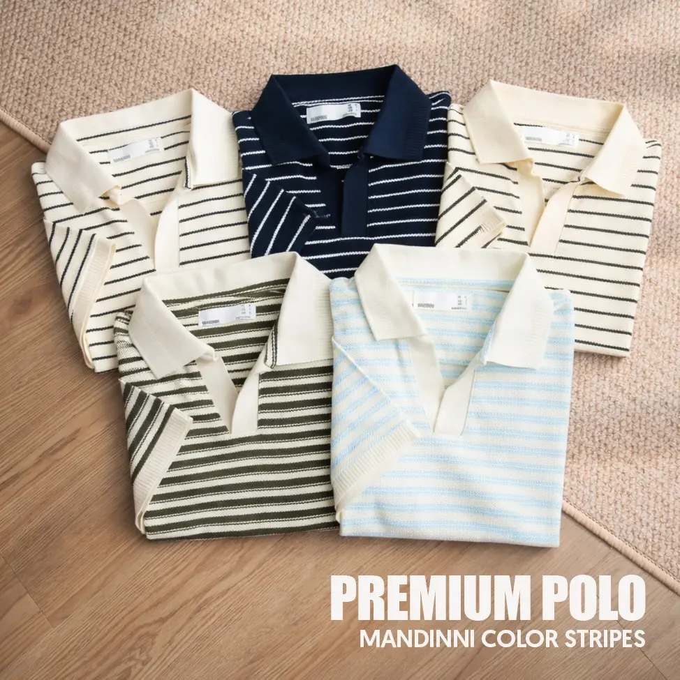 [MANDINNI PREMIUM] Áo thun polo cổ V CS03 chất vải sọc vải cotton dệt họa tiết xương cá cao cấp chuẩn form năng động màu sọc phối kem, be kem phối nâu