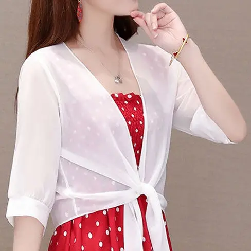 【Only Top】Fashion Thin Chiffon Cardigan Half Sleeve, Solid Color Sun Cape Thin Soft Fabric （No Dress）
