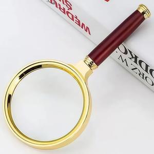 10 times high-grade exquisite imitation mahogany handle plated yellow gold handheld gift for the elderly book reading magnifying glass